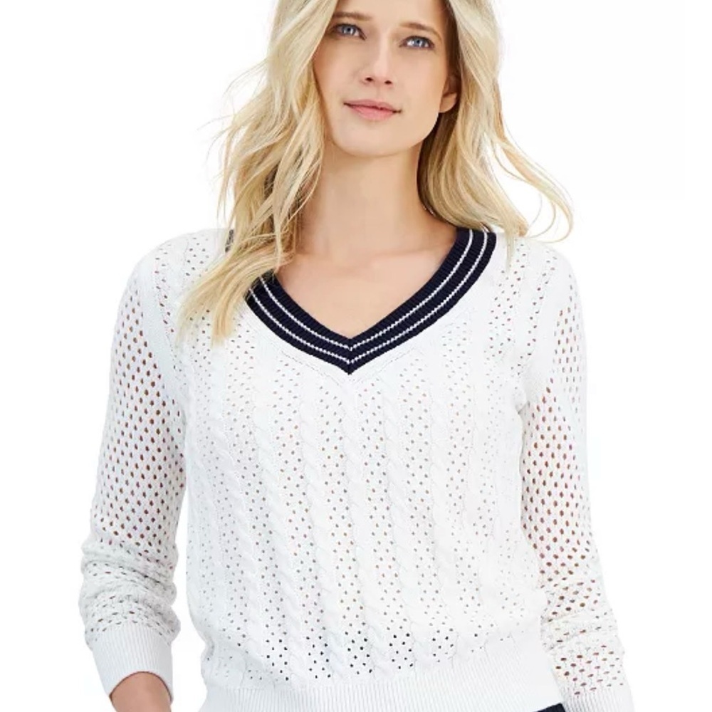 Nautica Jeans Women's White Coronado Beach Cotton Mixed-Stitch V-Neck Sweater